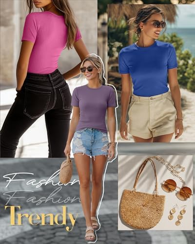 Ficerd 3 Pack Women's Ribbed Short Sleeve T-Shirts