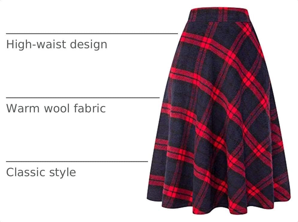 IDEALSANXUN Womens Plaid Wool Skirts Elastic Waist A-Line Pleated Tartan Long Skirts