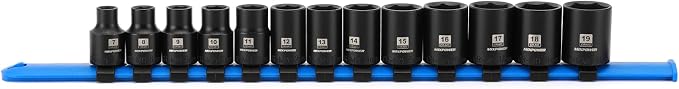 MIXPOWER 3/8" Drive Shallow Magnetic Impact Socket Set with Storage Rails, 13-Piece, 6 Point, 7-19mm, Metric, CR-MO