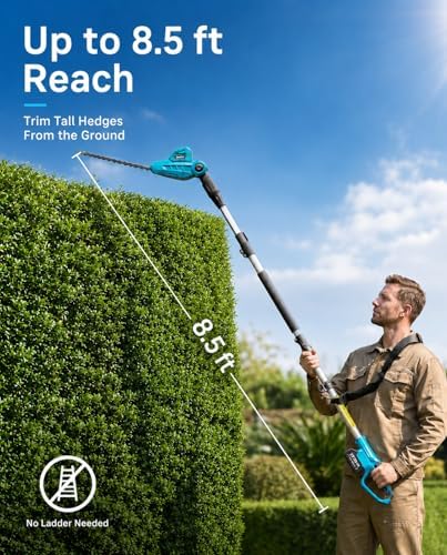 SEESII 20V Pole Hedge Trimmer Cordless, 8.5 FT Reach, Dual 4.0Ah Batteries