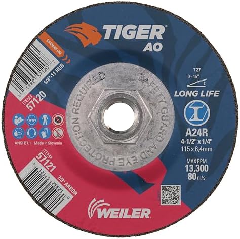 Weiler 57120 Tiger 4-1/2" Grinding Wheel, Type 27, 1/4" Thick, A24R, 5/8"-11 UNC Nut (Pack of 10)
