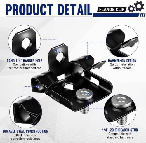 Hicarer 50 Pack Hammer-on Flange Clips with Threaded Stud for 1/8" to 1/4" Flange Beam Clamp with Hole Cable Clip Spring Steel Black E-coat Finish