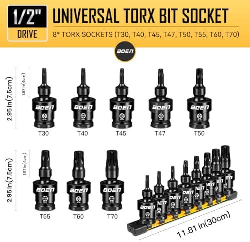 BOEN 8-Pieces Universal Torx Bit Driver Impact Socket, 1/2" Drive Size (T30, T40, T45, T47, T50, T55, T60, T70) With Socket Rail, CR-MO Steel