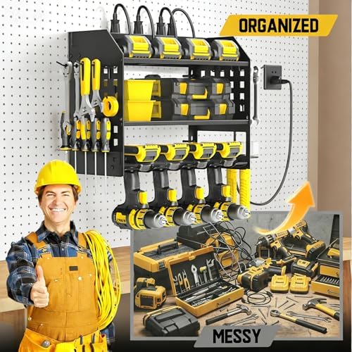 SPACECARE Power Tool Organizer with Charging Station 6 Outlets, 3-Layer Heavy Duty Wall Mount Drill Storage Rack, Cordless Tool with Utility Shelf, Garage Organization and Storage for Workshop- Black