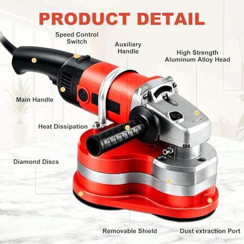 3-Head Electric Concrete Floor Grinder with Telescopic Rod, 6 Speed Diamond Polisher for Epoxy Removal, Cement, Stone, Granite, Metal Surface Grinding & Polishing (L)