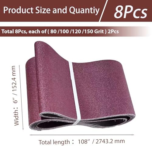 6x108 Inch 8Pcs Sanding Belts Assortment, 80/100/120/150 Grit Mix, Aluminum Oxide Belt Sander Accessories for Wood & Metal(8, 6x108 in-Mixed Grit)
