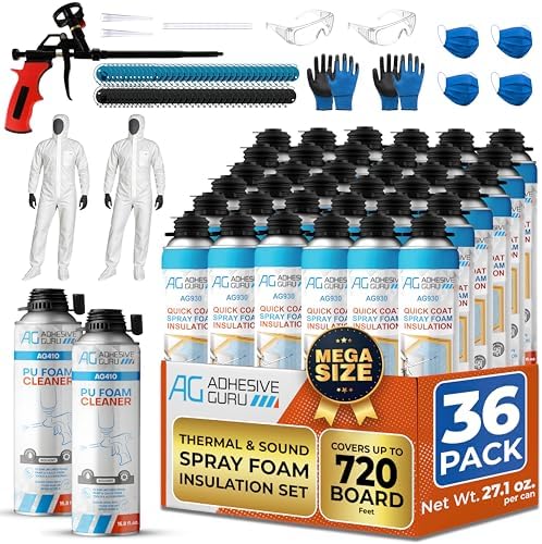 QuickCoat Closed Cell Spray Foam Insulation Kit for Wall–36x32.8oz(930g) Covers 720 Board Ft–DIY Expanding Sealant Set, Insulates Heat&Sound, Fills Gaps&Cracks–36 Foam Cans, Cleaner, Gun&Safety Gear