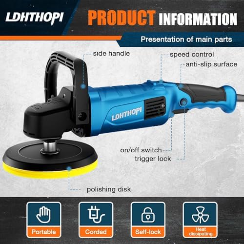LDHTHOPI Buffer Polisher, 1800W 6 inch/7 inch Rotary Buffer Polisher Waxer, 2026 Upgraded 750-3100RPM Car Buffers and Polishers with 6 Variable Speeds, for Car, Boat, Furniture, Floor
