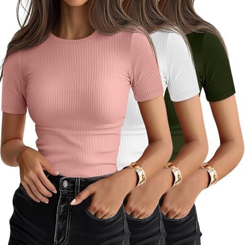 Ficerd 3 Pack Women's Ribbed Short Sleeve T-Shirts