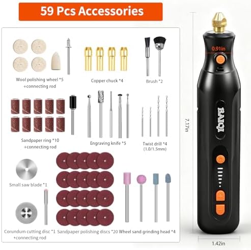 Electric Totary Cordless Tool Kit, Type-C Rechargeable 2000mAH, 6 Adjustment Speeds(5000-22000RPM), 59Pcs Accessories For DIY Crafting,SandingCarving,Sanding,Cutting (Black-59 pcs Accessories)