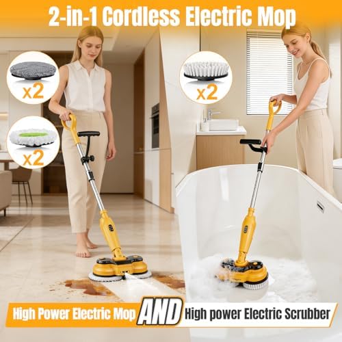 Cordless Electric Mop for Dewalt 20V Battery (NO Battery), 2 in 1 Spin Mop & Electric Floor Scrubber Machine with LED Light & Water Spray, 800 RPM Rotating Electric Mops for Floor (Black Yellow)