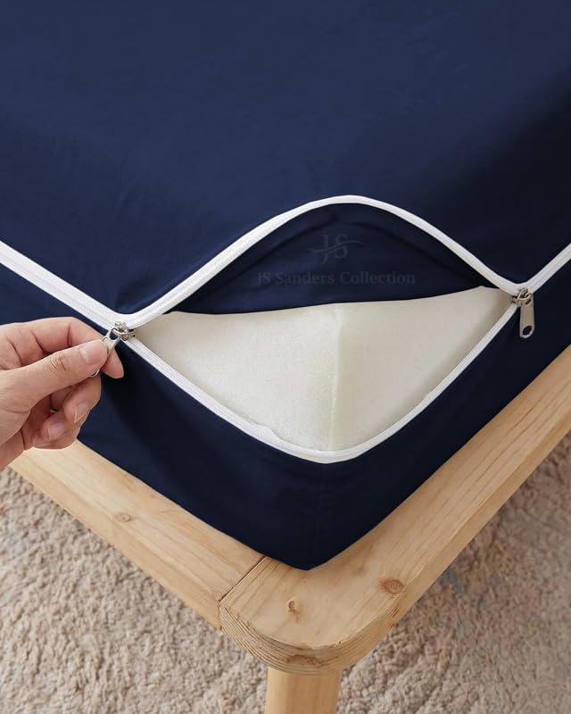 JS Sanders Zippered Mattress Protector Full Size – Soft 100% Egyptian Cotton, 600 Thread Count Deep Pocket Fitted Sheet Encasement Cover for Bed Breathable, 12-16 Inch Fit, Navy Blue 54x75