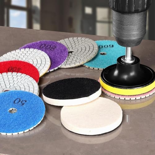 3 Inch Diamond Polishing Pads with M14 Backer Pad, 12PCS Wet/Dry Granite Stone Polish Pad Kit for Drill, Grinder, Polisher, 50-6000 Grit Diamond Sanding Pad for Concrete Marble Rock