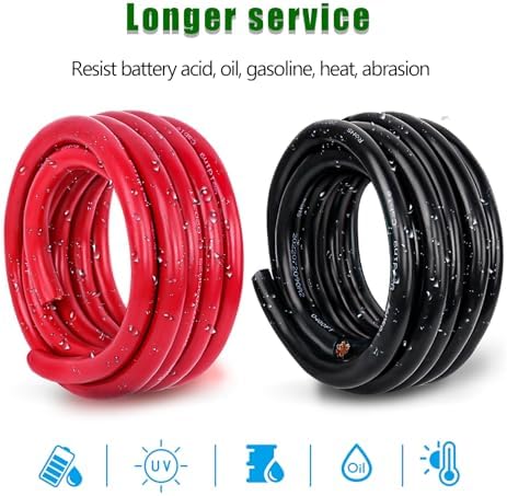 2 Gauge Battery Cable Copper Wire, 50FT Red + 50FT Black