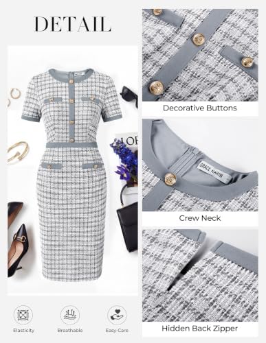 GRACE KARIN Women Work Business Short Sleeve Bodycon Tweed Dress