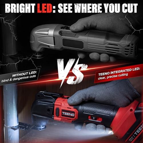TEENO 20V Cordless Oscillating Tool, 4° Oscillation Angle Oscillating Saw, 6 Variable Speeds with Quick-Lock Change System, 26PCS Multitool Blades & Carrying Bag for DIY Projects