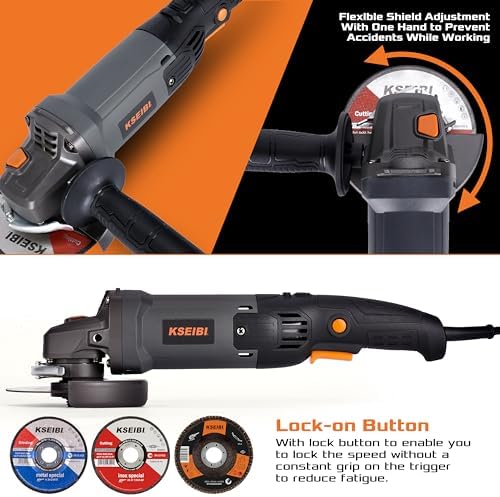 KSEIBI 711943K Angle Grinder Tool - 4 1/2 inch, 950W, 8Amps, 11000RPM, Corded Power Tools Long Handle with 7/8" Arbor Grinding and Cutting Wheels, Flap Disc, Quick Adjustable Guard, and Storage Bag
