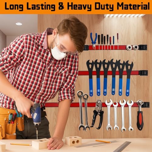 18" Magnetic Tool Holder Strip, 4 Pieces Red Metal Tool Organizer Rack with Stainless Steel Surface, Magnet Bar for Garage Workshop, Easy To Install with Mounting Screws