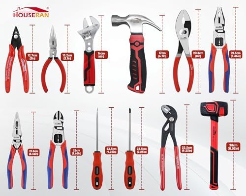 12-Piece Household Hand Tool Set with Toolbox – Heavy Duty CRV Pliers, Adjustable Wrench, Rubber Mallet & Claw Hammer for Home, Garage, Automotive & DIY Projects