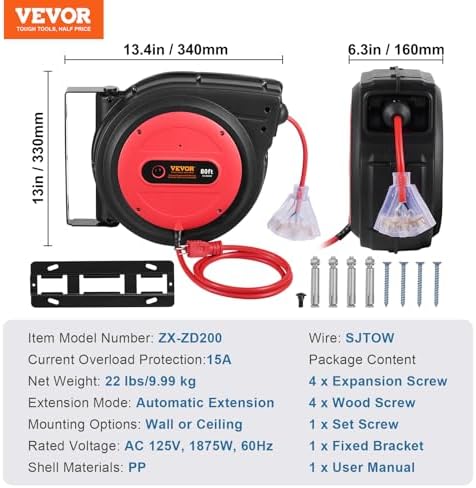 VEVOR 80FT Retractable Extension Cord Reel, Heavy Duty 12AWG/3C SJTOW Cord