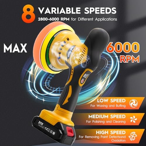 Cordless Car Buffer Polisher, 6 Inch Orbital Polisher Kit with 2x21V Batteries & 21 PCS Attachments, 8-Speed Variable Max 6000RPM Buffer for Car Detailing, Polishing, Waxing, Scratch Removing
