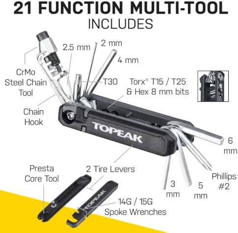 Topeak Hexus X Multi-Tool, 21-Function Bike Repair with Chain Tool, Tire Levers and Presta Core, Compact Chrome Vanadium Design for Road and Mountain Bikes