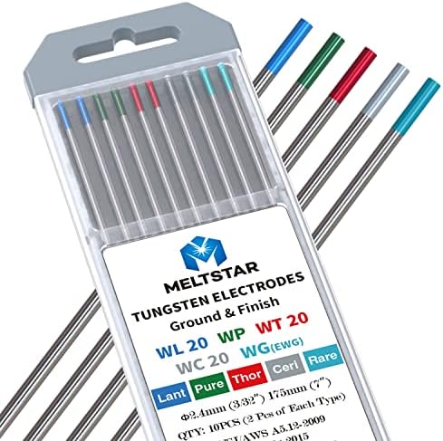TIG Welding Tungsten Electrodes Mix Set, 5 Color Markings Red Green Blue Turquoise Grey, 3/32" x 7" 10 Pack