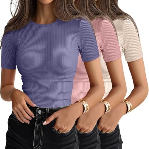 Ficerd 3 Pack Women's Ribbed Short Sleeve T-Shirts