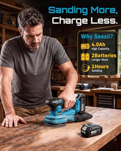 Seesii 6-in-1 5” Random Orbit Sander Cordless, 2Pcs Batteries, 21V, 6 Speed