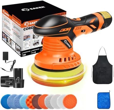 Saker Cordless Buffer Polisher, 6 Inch Fast Charging Portable Car Polishing Kit with 2PCS 12V 2000mAh Batteries, Polisher for Car Detailing Polishing Waxing