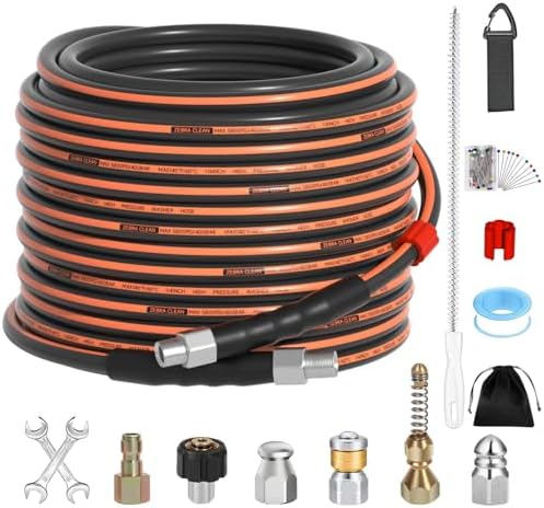 50FT Sewer Jetter Kit for Pressure Washer, 1/4" NPT Corner Drain Cleaner Hose 5800 PSI with Sewer Jetting Nozzles, Pearl Corsage Pin, Waterproof Tape, Extension Cord Organizer&2 Spanner