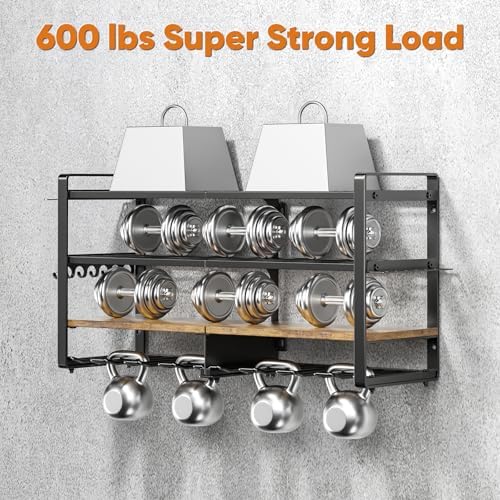 POKIPO Power Tool Organizer Wall Mount with Charging Station, 4 Tier Tool Battery Storage Rack Built in 8 Outlet Power Strip for Garage, 33" W, Black Wood