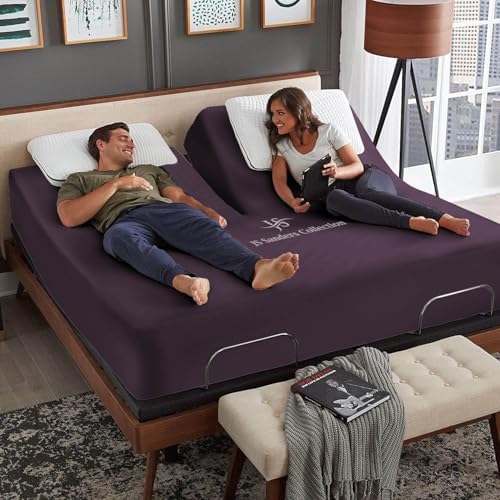 JS Sanders Collection 600TC Flex Top Queen Sheets for Sleep Number Bed - 100% Cotton 4 Pcs Top Split Queen Sheets for Adjustable Bed Queen 32 Inch Down Plum -18 Inch Deep