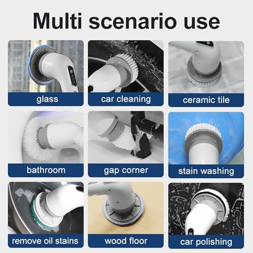 Electric Spin Scrubber, Cordless Cleaning Brush Scrubber for Home, 9 Replaceable Brush Heads, 50Mins Work Time, 3 Adjustable Size, 3 Strong Speeds for Bathroom Shower Bathtub Car Glass, Gray Color