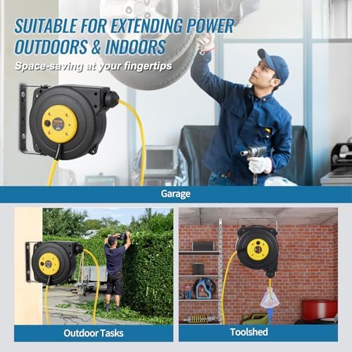 VEVOR Retractable Extension Cord Reel, 30 FT, Heavy Duty 16AWG/3C SJTOW Retractable Power Cord Reel with Lighted Triple Tap Outlet 10 Amp Circuit Breaker 4.5FT Lead-in Cord, for Ceiling or Wall Mount