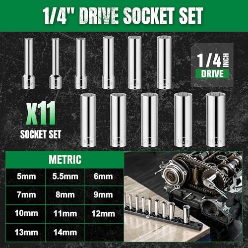 SK Tools USA 1/4" Drive Socket Set, Deep Metric Sockets, 11-Piece 5-14mm | 12 Point, SuperKrome Finish, Premium CR-V Steel, with Storage Rail