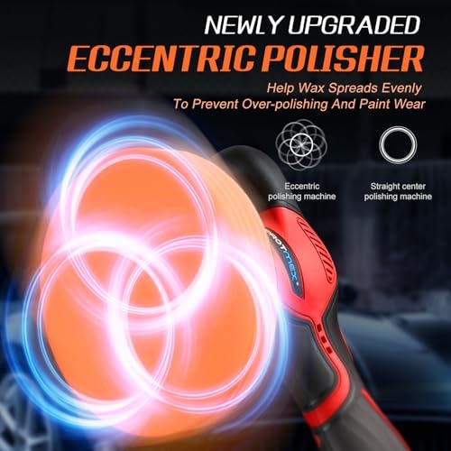 Protmex Cordless Car Buffer Polisher w/ 2x2000mAh 21V Batteries, Red