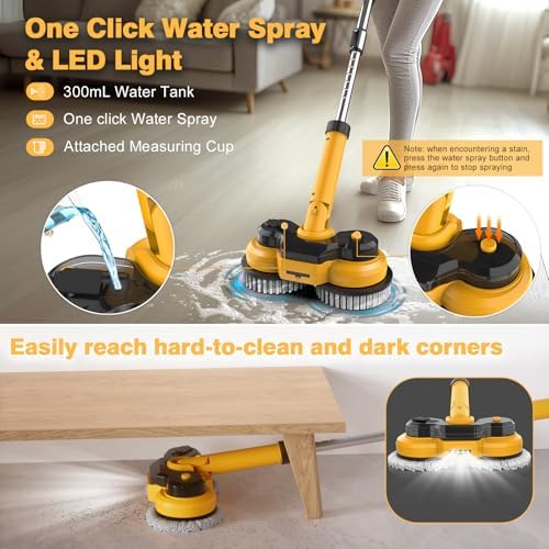 Cordless Electric Mop for Dewalt 20V Battery (NO Battery), 2 in 1 Spin Mop & Floor Scrubber Machine with LED Light & Water Spray 800 RPM for Floor Cleaning, Hardwood,Tile