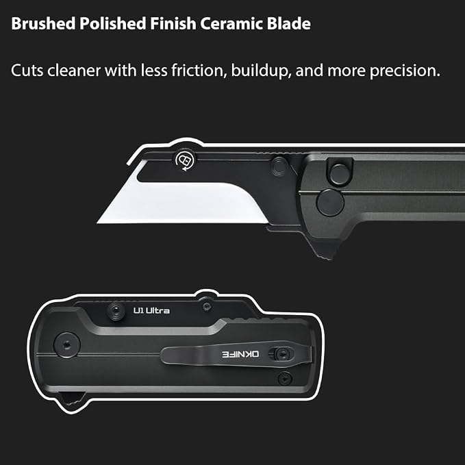OKNIFE U1 Ultra Pocket Folding Utility Knife w/Ceramic Blade, Lightweight O-Aluminum Handle Button Lock EDC Box Cutter with Clip for Men Women (Stealth Grey)
