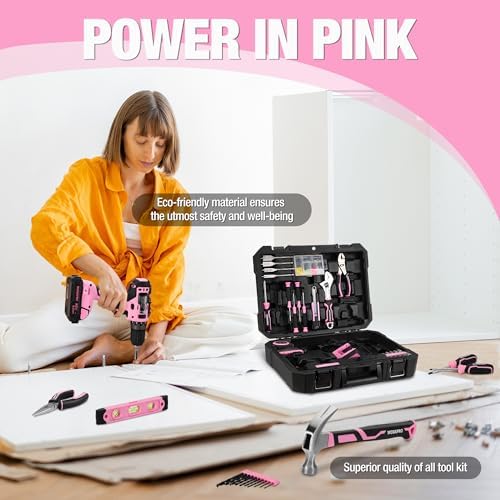 WORKPRO 20V Pink Cordless Drill and 141-Piece Home Tool Kit for Women