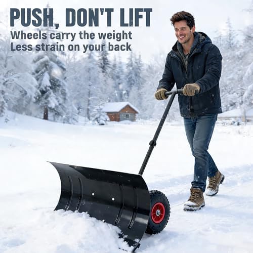 29" Push Snow Shovel with Wheels for Driveway, Heavy Duty Adjustable Angle Wheeled Snow Pusher Shovel, Metal Rolling Snow Pusher, Snow Plow Shovel on Wheels for Snow Removable, 29"x16.5" Blade
