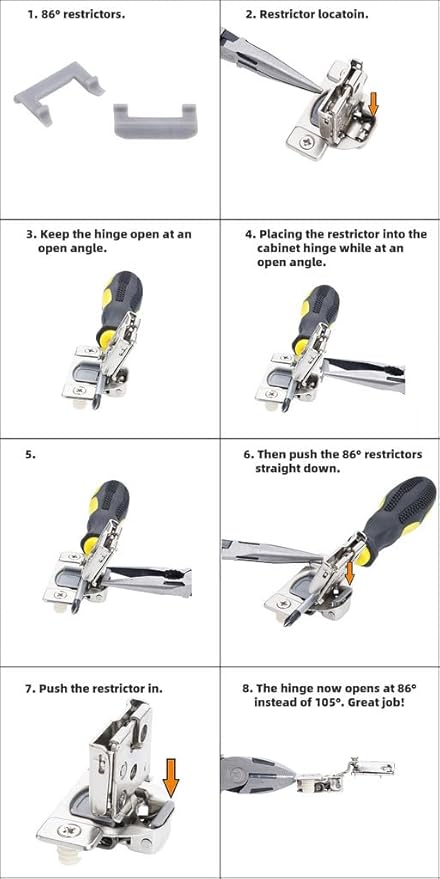 (Decobasics ONLY) Cabinet Restrictor Clips (80 Pack)- 86° Degree Angle Cabinet Door Hinge Restrictor Clip for Soft Close Hinge-90° Opening Kitchen Soft Close Cabinet Hinges Restraints Restriction Clip