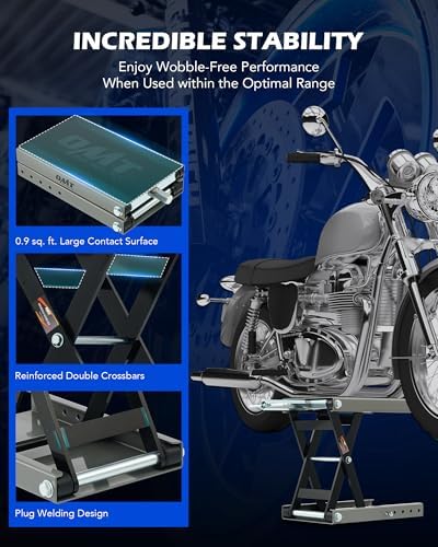 OMT Motorcycle Lift, 1100lb Scissor Jack Stand for ATV Dirt Bike Cruiser | Wide Deck Motorbike Center Stand; Crank Hoist T Handle And 3/8 Inch Socket; 3.7 To 14.6 Inch Lift; 5 Lock Holes; Chain Brush