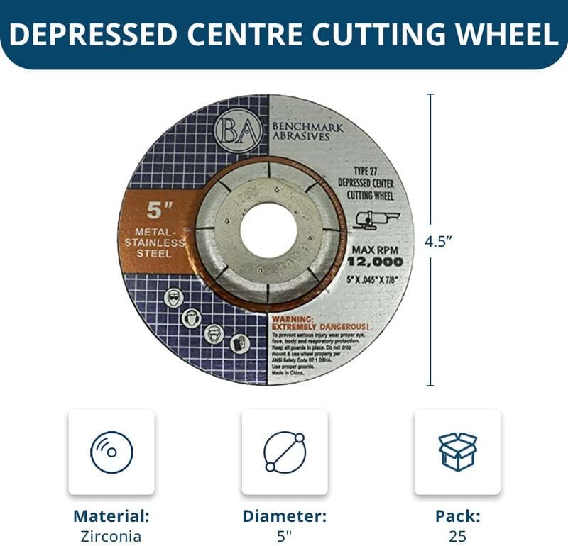 Benchmark Abrasives 5 Inch Cut Off Wheels for Metal, Steel, Fiberglass - Thin Type 27 Depressed Center Angle Grinder Cutting Disc with 7/8" Arbor Hole, Grinder Cutting Wheel - 25 Pack