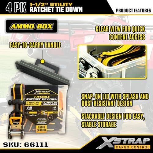 XSTRAP STANDARD 4-PK Heavy Duty Ratchet Tie Down Straps, Ammo Storage Box | 1.5"x16FT Motorcycle Straps with Double J Hooks with Ergonomic T-Handle, 3300 lbs Break Strength for Truck, ATV, Trailer, UTV