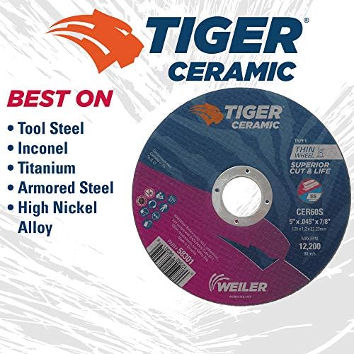 Weiler 58301 5 Inch Cutting Wheel, Tiger Ceramic Stainless Steel Superior Life & Cut Contaminant Free Max Performance Cutting, .045" CER60S Type 1 7/8" Arbor, Pack of 25