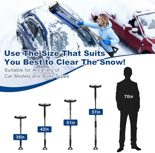 57" Extendable Long Snow Brush with Ice Scraper for Car Truck SUV Van - Soft Squeegee with 270° Pivoting Brush Head for Windshieldand Window - Snow Scraper with Antifreeze Gloves