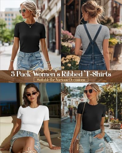Ficerd 3 Pack Women's Ribbed Short Sleeve T-Shirts