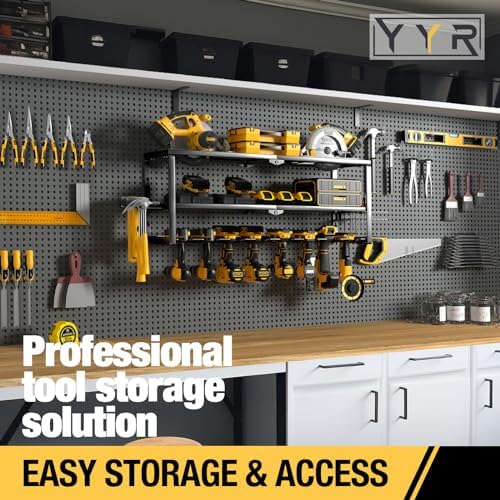 YYR Heavy Duty Power Tool Organizer Wall Mount, Cordless Drill Hanger Storage Rack, Battery Tools Holder with Charging Station Shelf for Garage Organization, Workshop, Pegboard, Shed - 32 Inch 8 Slots