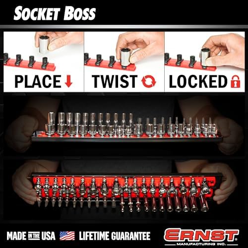 Ernst Manufacturing 19-Inch Socket Boss, Premium 2-Rail, 1/4-Inch-Drive Twist-Lock Socket Organizer, High-Visibility (8461HV-A) - Made in the USA
